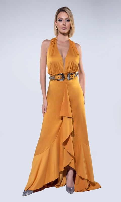 Asymetryczna złota suknia z klamrą
