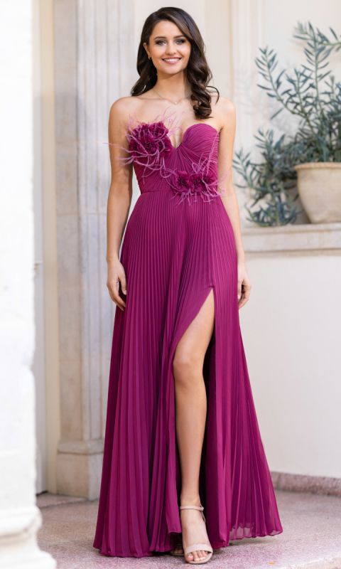 Plisowana suknia wieczorowa bez ramiączek - fiolet