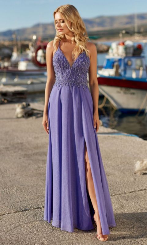 Błyszcząca suknia wieczorowa z szyfonu w kolorze lawendy 34