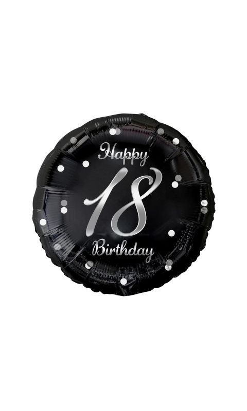 Balon foliowy 18 urodziny Happy Birthday czarny srebrny napis, 45 cm