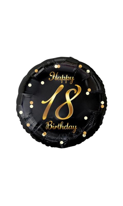 Balon foliowy 18 urodziny Happy Birthday czarny złoty napis, 45 cm