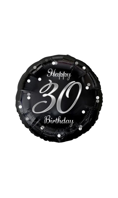Balon foliowy 30 urodziny Happy Birthday czarny srebrny napis, 45 cm