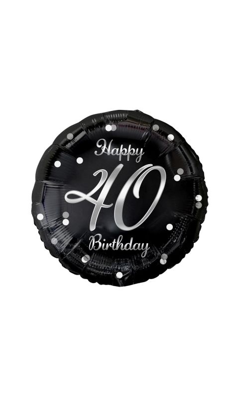 Balon foliowy 40 urodziny Happy Birthday czarny srebrny napis, 45 cm