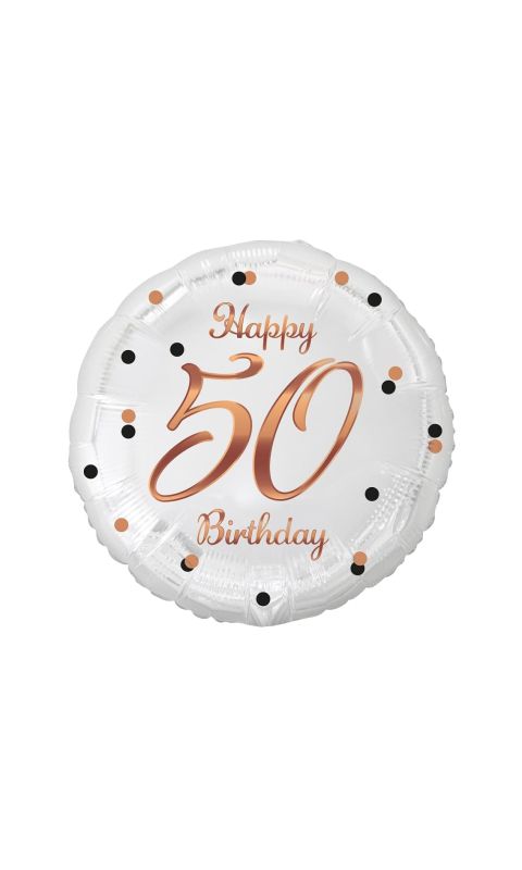 Balon foliowy 50 urodziny Happy Birthday biały rose gold, 45 cm