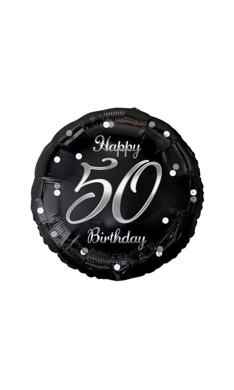 Balon foliowy 50 urodziny Happy Birthday czarny srebrny napis, 45 cm