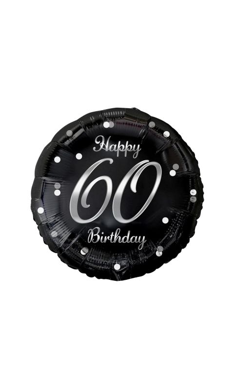 Balon foliowy 60 urodziny Happy Birthday czarny srebrny napis, 45 cm