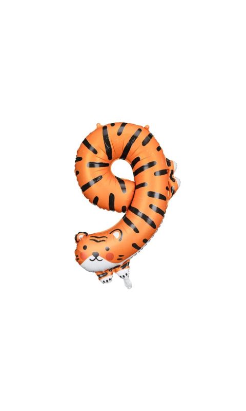 Balon foliowy cyfra "9" zwierzątko Tygrys, 72x87 cm