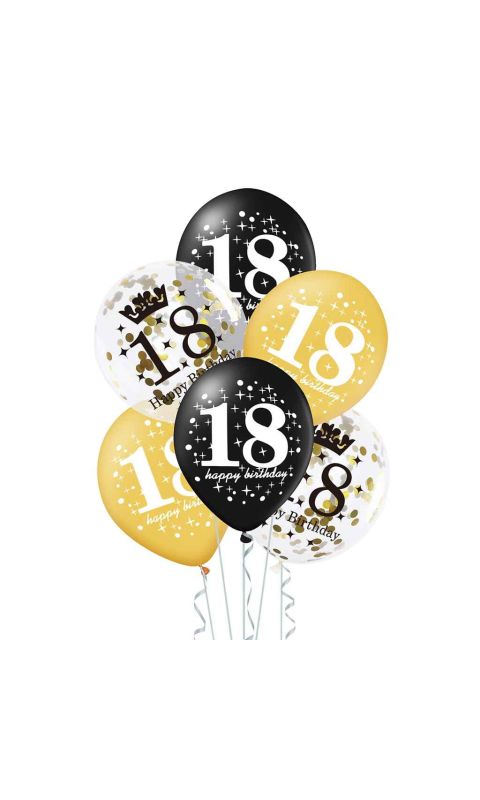 Balony 18 urodziny złote czarne konfetti, 30 cm 6 szt.