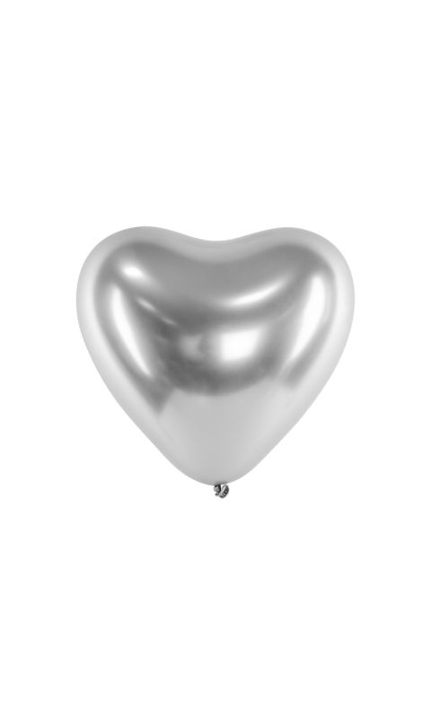 Balony chromowane Glossy 27 cm, Serca, srebrny, 10 szt.