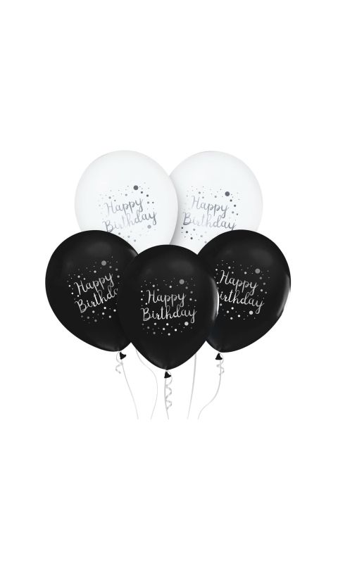 Balony lateksowe Happy Birthday białe czarne, 5 szt.