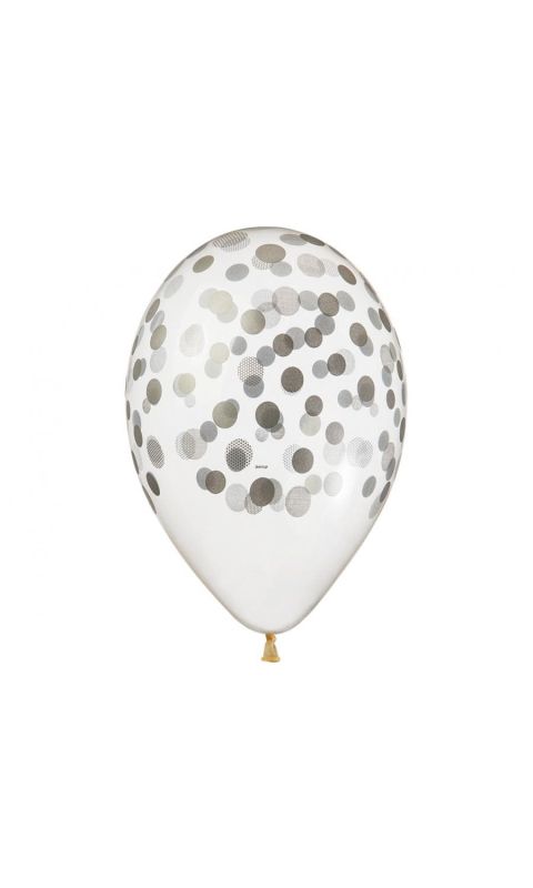 Balony lateksowe nadruk srebrne konfetti, 33 cm 5 szt.