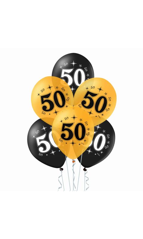 Balony na 50 urodziny czarne i złote, 30 cm 10 szt.
