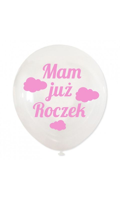 Balony transparentne na Roczek dla dziewczynki, różowy, 5 szt.