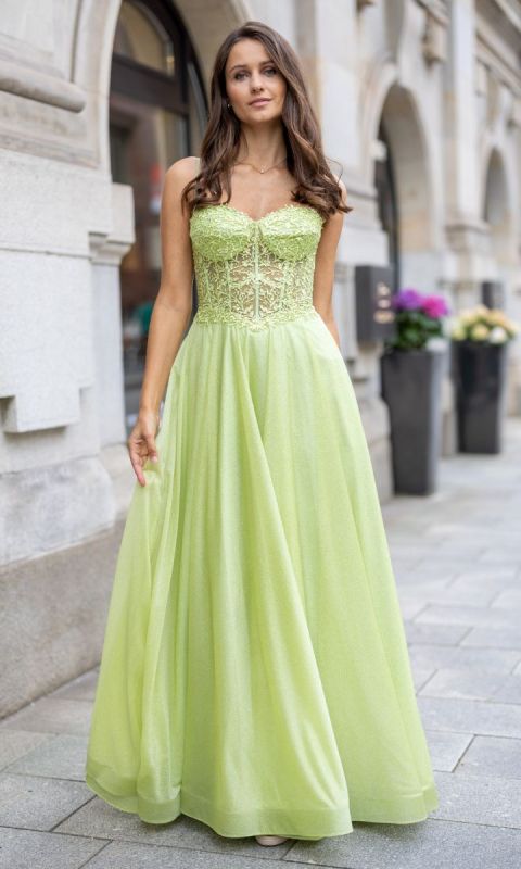Brokatowa suknia wieczorowa z koronkowym gorsetem w zielonym kolorze _34