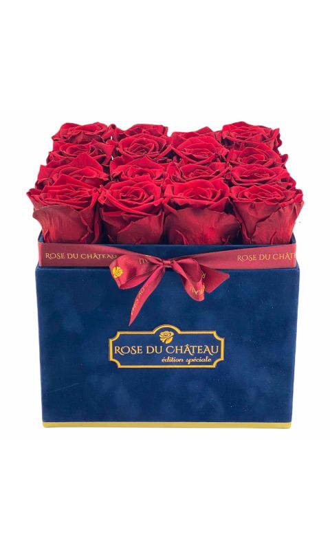 Czerwone Róże Wieczne w Granatowym Flokowanym Kwadratowym Boxie-1.jpg