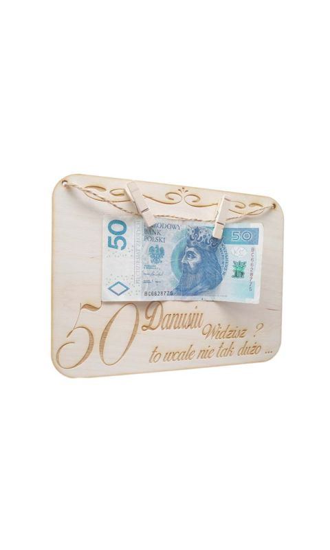 Drewniana kartka na prezent, pieniądze- 50 urodziny IMIĘ, grawer