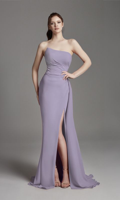 Liliowy suknia wieczorowa z asymetrycznym dekoltem _34