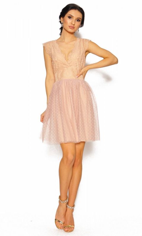 M&M - Beżowa sukienka mini z dekoltem w serek Model: IP-6183 - Rozmiar: 36(S)
