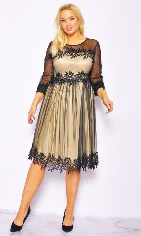 M&M - Beżwa sukienka midi z czarnym tiulem. Model:CU-6642 - Rozmiar: 44(XXL)
