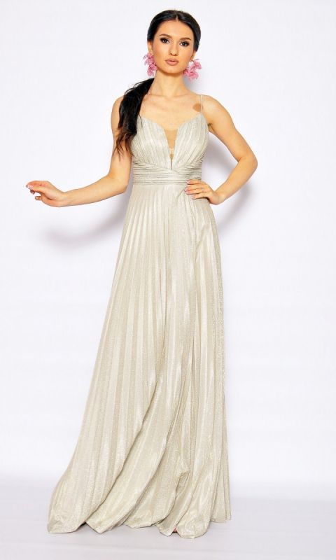 M&M - Delikatna plisowana sukienka maxi na cienkich ramiaczkach.Model: TR-6985 - Rozmiar: 36(S)