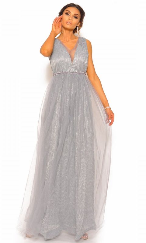 M&M - Efektowna sukienka maxi w kolorze szarym ze srebrną nitką Model: IP-4792 - Rozmiar: 36(S)