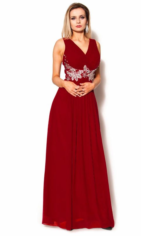 M&M - Elegancka długa suknia w kolorze bordowym Model: PW-3473 - Rozmiar: 36(S)