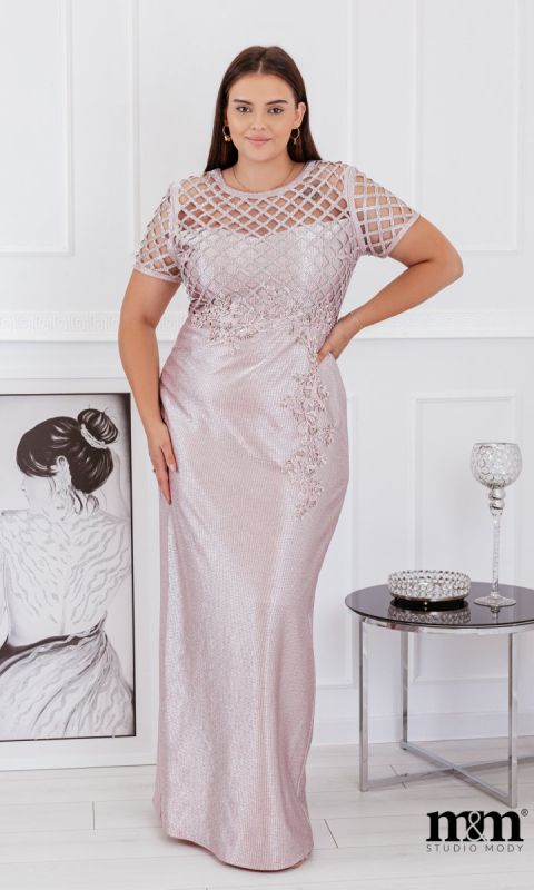 M&M - Elegancka maxi sukienka z krótkim rękawkiem w kolorze różu. Model: CU-4732 - Rozmiar: 42(XL)