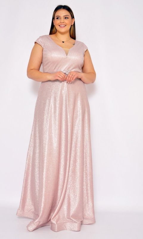 M&M - Elegancka połyskujaca sukienka maxi w kolorze pudrowego różu. MODEL: CU-7012 - Rozmiar: 44(XXL)