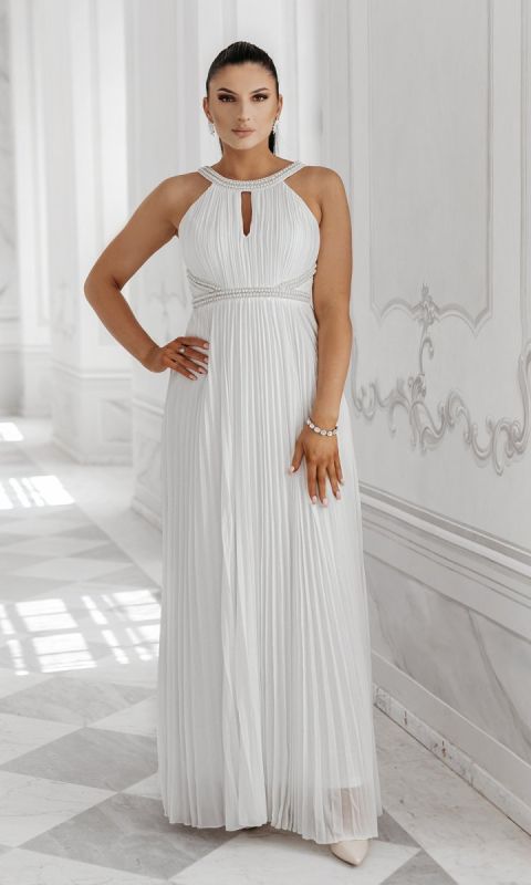 M&M - Elegancka sukienka ślubna zdobiona perełkami pod szyją i w pasie. Model:IP-6434 - Rozmiar: 36(S)