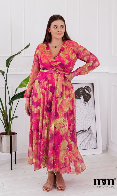 M&M - Elegancka sukienka maxi w wielokolorowy wzór (różowo-żółta z dodatkiem złota) z długim rękawem. MODEL:SR-7595 - Rozmiar: 42(XL)