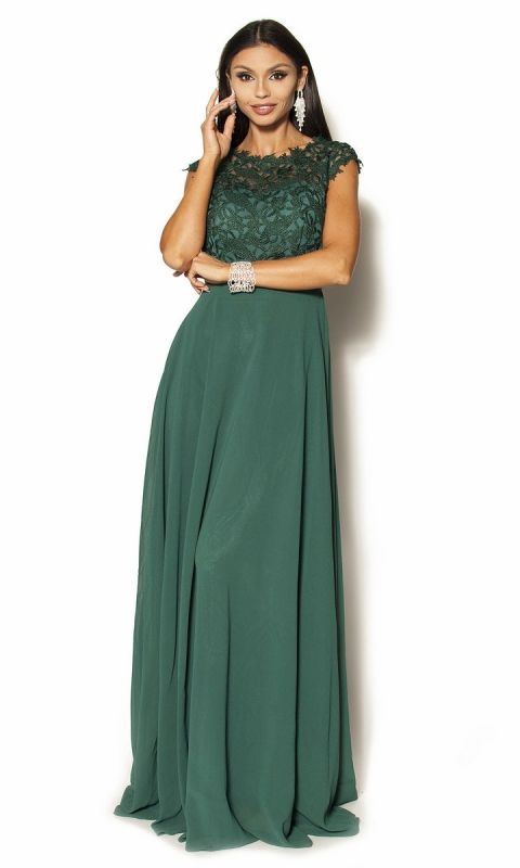 M&M - Gipiurowa zwiewna sukienka w kolorze butelkowej zieleni Model:IP-3409 - Rozmiar: 36(S)