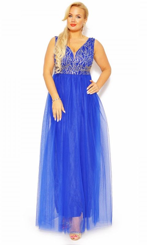 M&M - Olśniewająca sukienka maxi z pięknie zdobioną górą i tiulowym dołem w kolorze szafirowym. Model: TR-4937 - Rozmiar: 38(M)