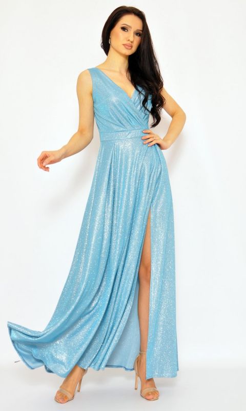 M&M - Połyskująca sukienka maxi w kolorze błękitnym. Model: KM-7281 - Rozmiar: 34(XS)