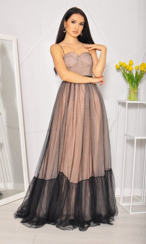 M&M - Rozkloszowana sukienka maxi w groszki w kolorze brązowo-czarnym. Model: IP-7824 - Rozmiar: 38(M)