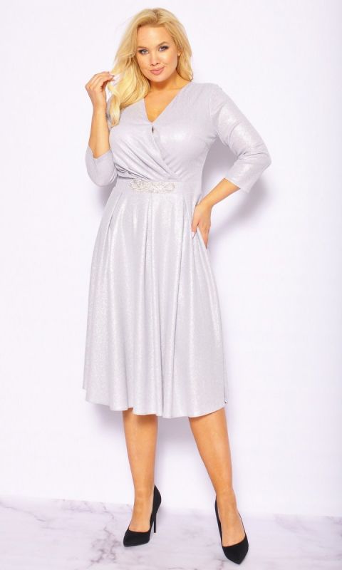 M&M - Srebrna połyskująca sukienka midi. Model: IP-6728 - Rozmiar: 44(XXL)