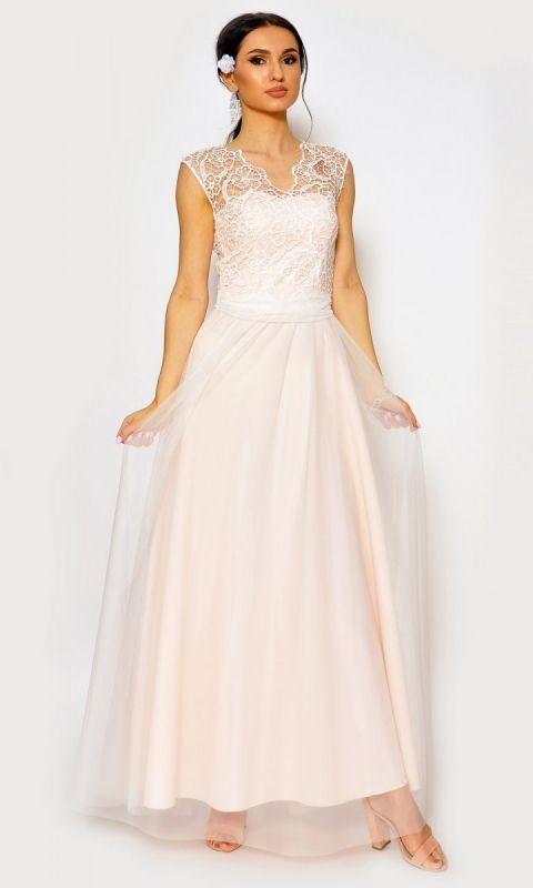 M&M - Sukienka długa biała na beżowej podszewce w przystępnej cenie   ZF-6165 - Rozmiar: 36(S)