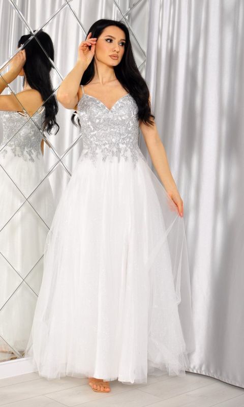 M&M - Sukienka ślubna na cienkich ramiaczkach bogato zdobiona na gorsecie. Model: PW-7483 - Rozmiar: 34(XS)