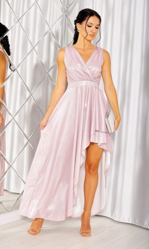 M&M - Sukienka maxi asymetryczna z brokatem w kolorze jasnego różu. MODEL: KM-8321 - Rozmiar: 34(XS)
