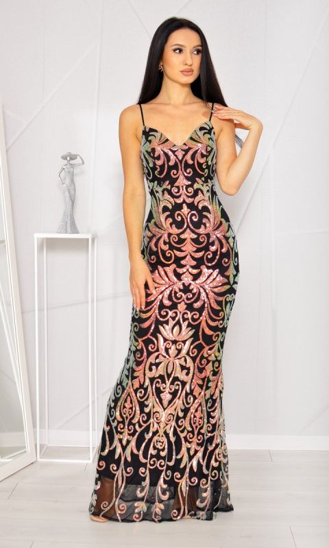 M&M - Sukienka maxi cekinowa w kolorze czarnym z opalizującym wielokolorowym wzorem. Model:PW-7760 - Rozmiar: 34(XS)