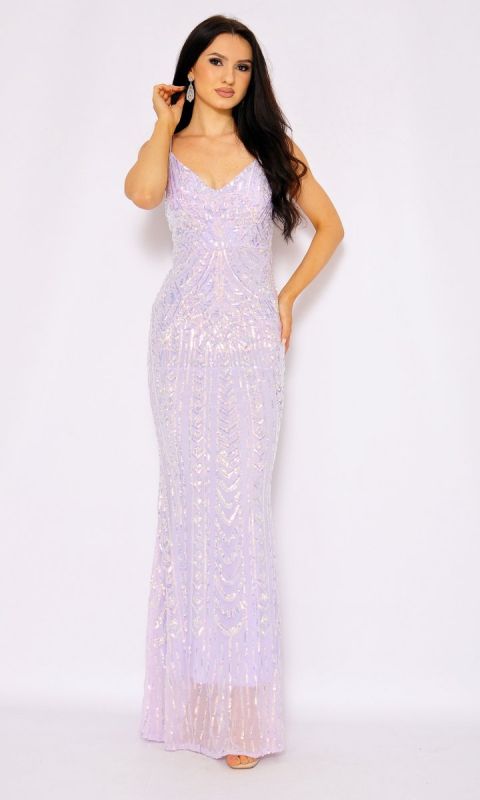 M&M - Sukienka maxi cekinowa w kolorze liliowym na cienkich ramiączkach.MODEL:PW-7545 - Rozmiar: 34(XS)