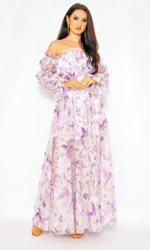 M&M - Sukienka maxi hiszpanka w kolorze białym w fioletowe kwiaty. Model:PW-7535 - Rozmiar: 34(XS)