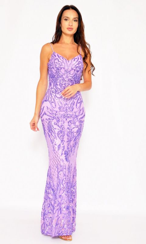 M&M - Sukienka maxi na cienkich ramiączkach w kolorze ciemnego fioletu. MODEL: PW-7576 - Rozmiar: 34(XS)