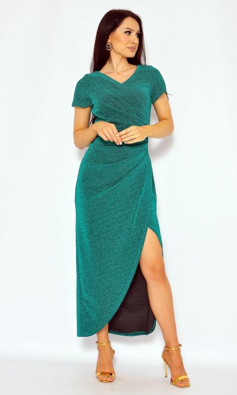 M&M - Sukienka maxi połyskująca z rękawkiem marszczona z przodu w kolorze zielono-morskim. MODEL:BM-7547 - Rozmiar: 40(L)