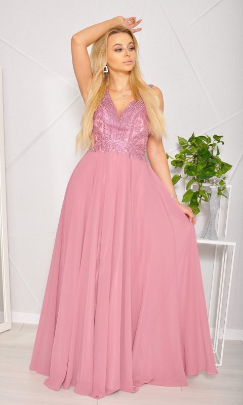 M&M - Sukienka maxi tiulowa z bogato zdobioną diamentową górą w kolorze  brudnego różu. Model: PW-8198 - Rozmiar: 34(XS)