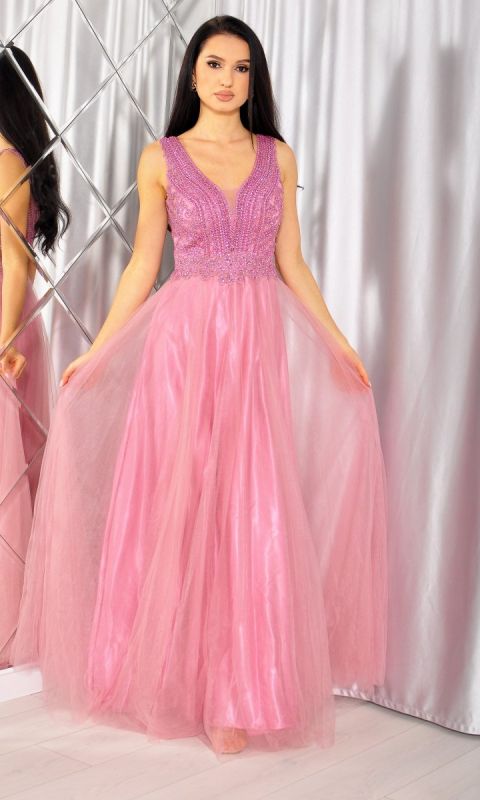 M&M - Sukienka maxi tiulowa z bogato zdobioną diamentową górą w kolorze różowym. MODEL:PW-7793 - Rozmiar: 34(XS)