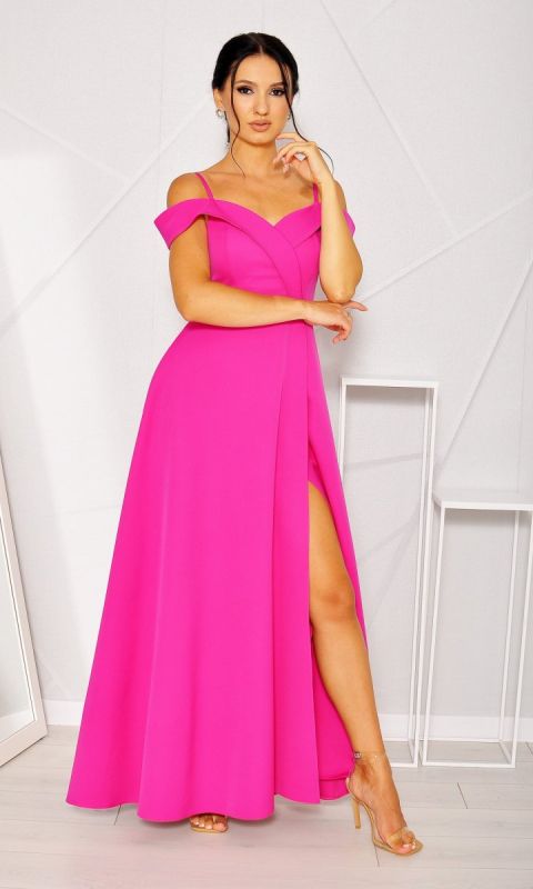 M&M - Sukienka maxi w kolorze fuksji wiązana na plecach z opadającymi ramionami. MODEL: KM-8332 - Rozmiar: 36(S)