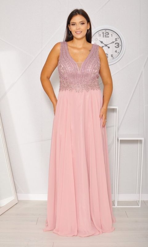 M&M - Sukienka maxi z bogato zdobioną diamentową górą w kolorze bladego różu. MODEL: PW-8091 - Rozmiar: 34(XS)