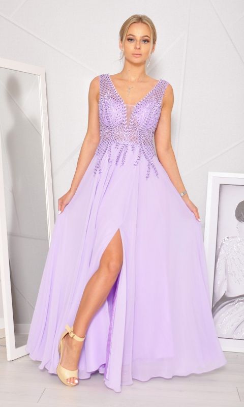 M&M - Sukienka maxi z bogato zdobioną górą w kolorze LILA. Model: PW-8093 - Rozmiar: 34(XS)