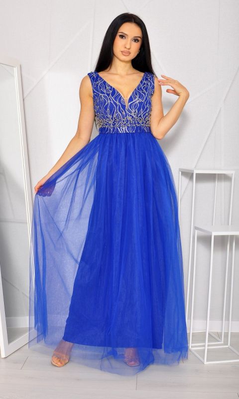 M&M - Sukienka maxi z pięknie zdobioną górą i tiulowym dołem w kolorze szafirowym. Model: TR-4937 - Rozmiar: 36(S)