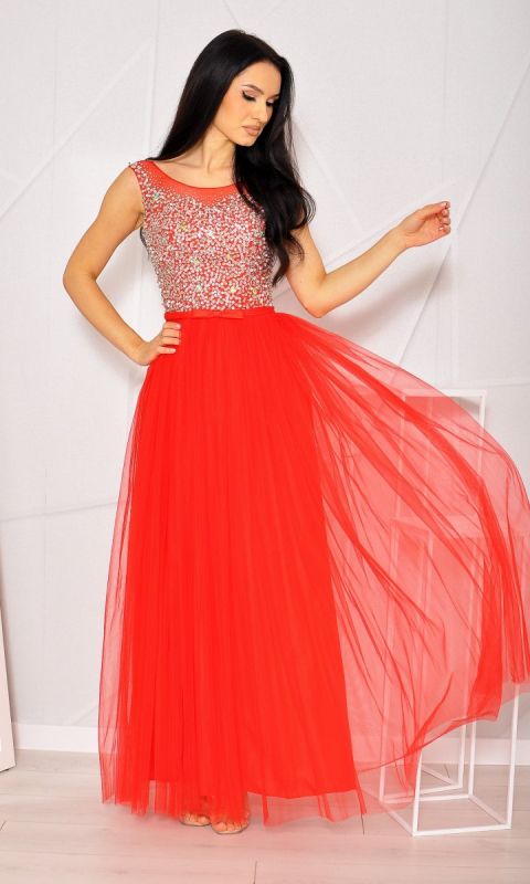 M&M - Sukienka maxi ze zdobioną górą w kolorze czerwonym. Model: PW-2754 - Rozmiar: 36(S)